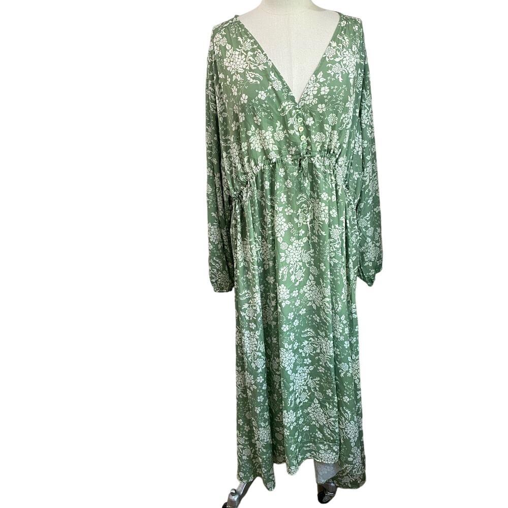 Summersalt Green Floral Cinch Waist Caftan Midi Dress Large Resort NWOT